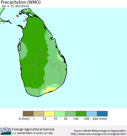 Sri Lanka Precipitation (WMO) Thematic Map For 4/4/2022 - 4/10/2022