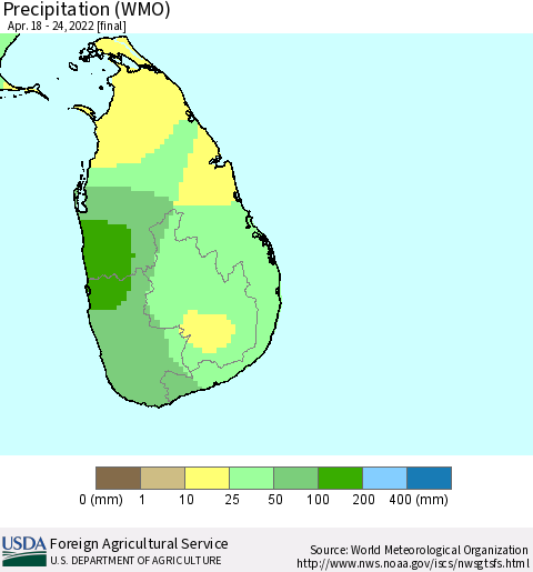 Sri Lanka Precipitation (WMO) Thematic Map For 4/18/2022 - 4/24/2022