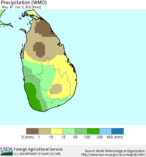 Sri Lanka Precipitation (WMO) Thematic Map For 5/30/2022 - 6/5/2022
