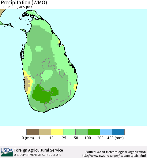 Sri Lanka Precipitation (WMO) Thematic Map For 7/25/2022 - 7/31/2022