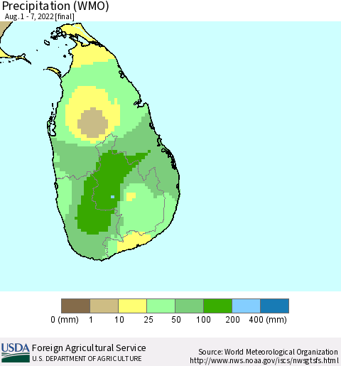 Sri Lanka Precipitation (WMO) Thematic Map For 8/1/2022 - 8/7/2022