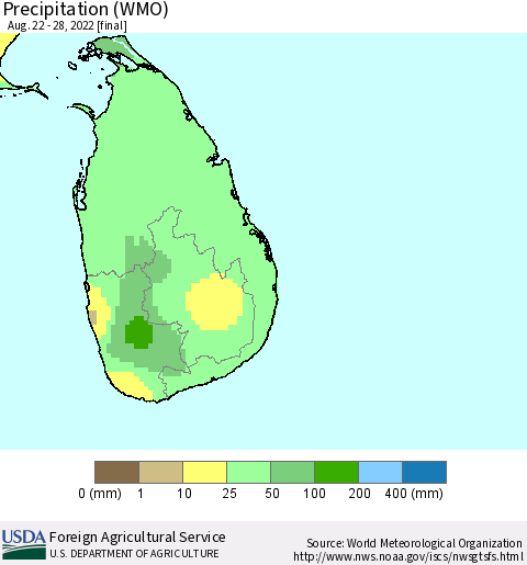 Sri Lanka Precipitation (WMO) Thematic Map For 8/22/2022 - 8/28/2022