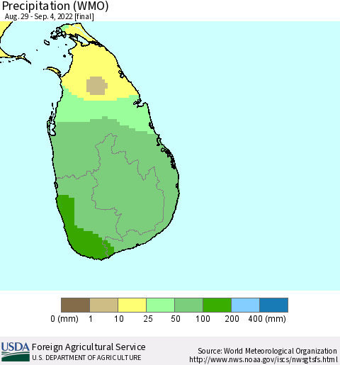 Sri Lanka Precipitation (WMO) Thematic Map For 8/29/2022 - 9/4/2022