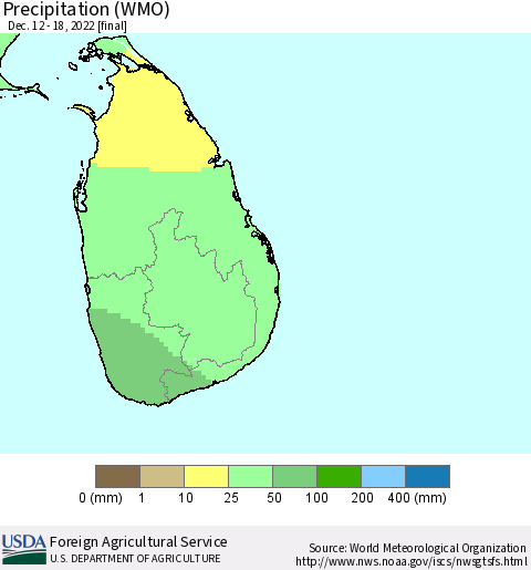 Sri Lanka Precipitation (WMO) Thematic Map For 12/12/2022 - 12/18/2022
