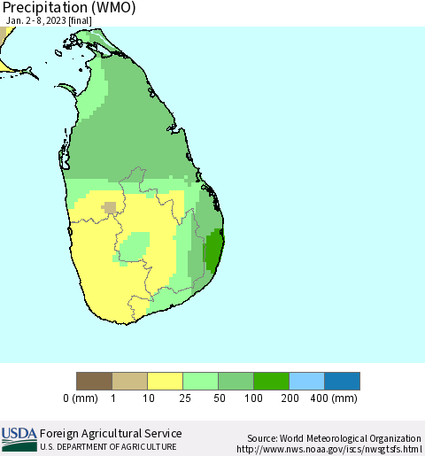 Sri Lanka Precipitation (WMO) Thematic Map For 1/2/2023 - 1/8/2023