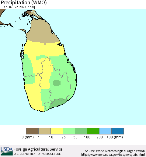 Sri Lanka Precipitation (WMO) Thematic Map For 1/16/2023 - 1/22/2023
