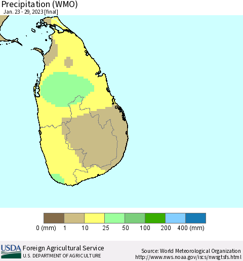 Sri Lanka Precipitation (WMO) Thematic Map For 1/23/2023 - 1/29/2023