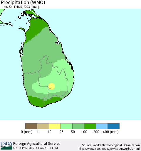 Sri Lanka Precipitation (WMO) Thematic Map For 1/30/2023 - 2/5/2023