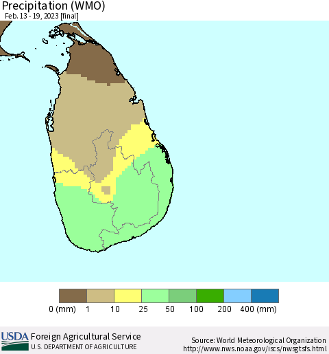 Sri Lanka Precipitation (WMO) Thematic Map For 2/13/2023 - 2/19/2023