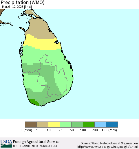 Sri Lanka Precipitation (WMO) Thematic Map For 3/6/2023 - 3/12/2023