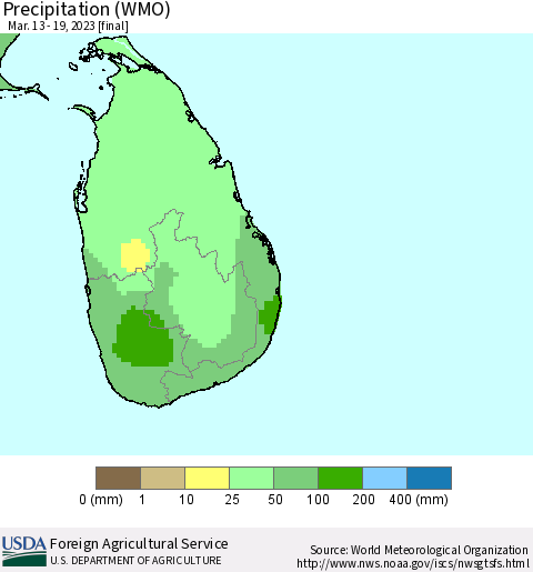 Sri Lanka Precipitation (WMO) Thematic Map For 3/13/2023 - 3/19/2023