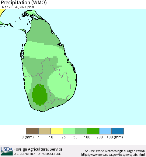 Sri Lanka Precipitation (WMO) Thematic Map For 3/20/2023 - 3/26/2023