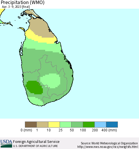 Sri Lanka Precipitation (WMO) Thematic Map For 4/3/2023 - 4/9/2023