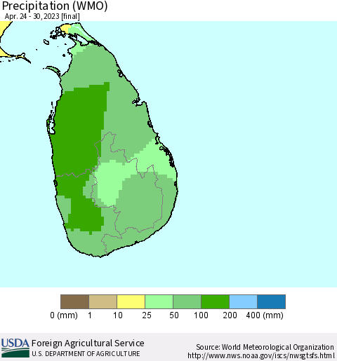 Sri Lanka Precipitation (WMO) Thematic Map For 4/24/2023 - 4/30/2023