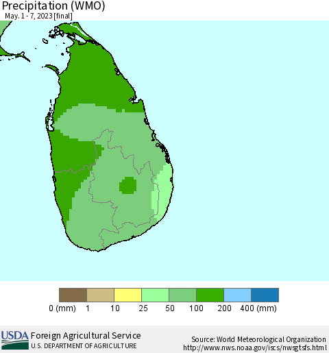 Sri Lanka Precipitation (WMO) Thematic Map For 5/1/2023 - 5/7/2023