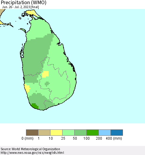 Sri Lanka Precipitation (WMO) Thematic Map For 6/26/2023 - 7/2/2023