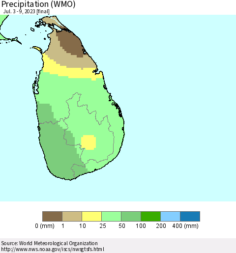 Sri Lanka Precipitation (WMO) Thematic Map For 7/3/2023 - 7/9/2023