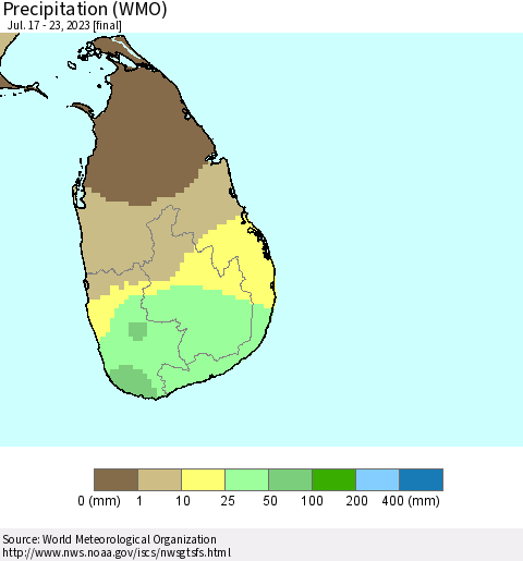 Sri Lanka Precipitation (WMO) Thematic Map For 7/17/2023 - 7/23/2023