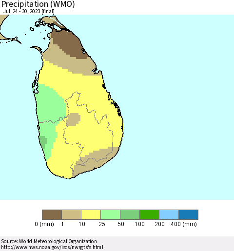 Sri Lanka Precipitation (WMO) Thematic Map For 7/24/2023 - 7/30/2023