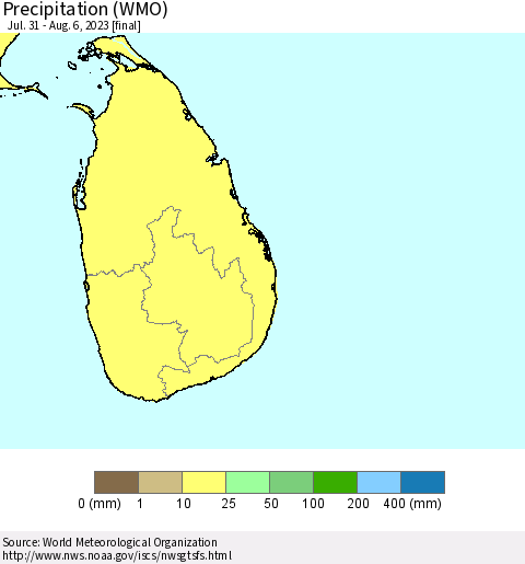 Sri Lanka Precipitation (WMO) Thematic Map For 7/31/2023 - 8/6/2023