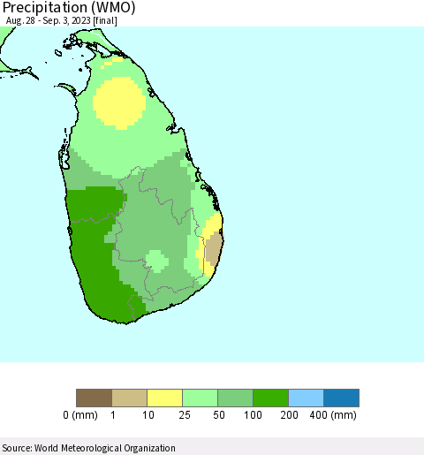 Sri Lanka Precipitation (WMO) Thematic Map For 8/28/2023 - 9/3/2023