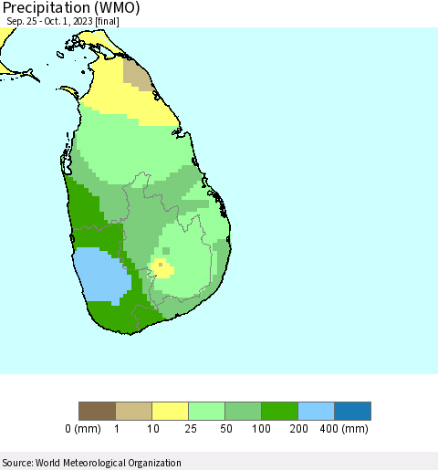 Sri Lanka Precipitation (WMO) Thematic Map For 9/25/2023 - 10/1/2023