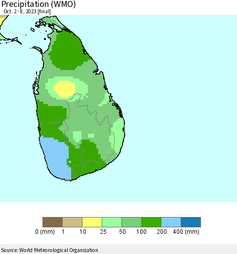 Sri Lanka Precipitation (WMO) Thematic Map For 10/2/2023 - 10/8/2023