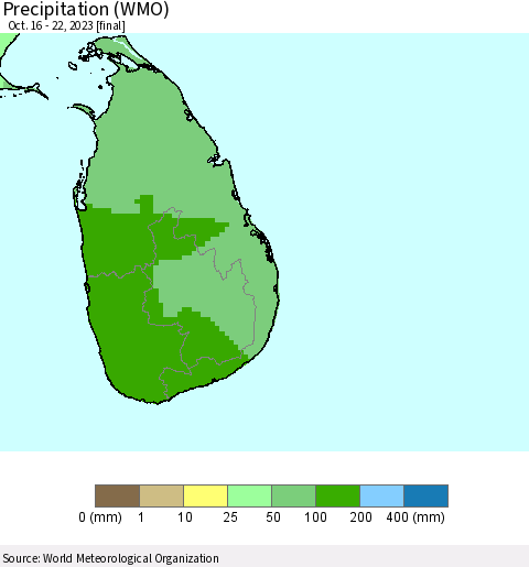 Sri Lanka Precipitation (WMO) Thematic Map For 10/16/2023 - 10/22/2023