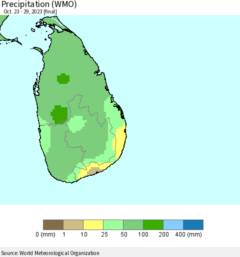 Sri Lanka Precipitation (WMO) Thematic Map For 10/23/2023 - 10/29/2023