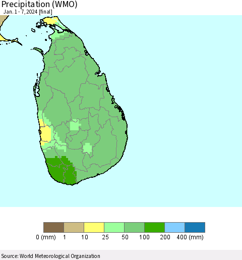 Sri Lanka Precipitation (WMO) Thematic Map For 1/1/2024 - 1/7/2024
