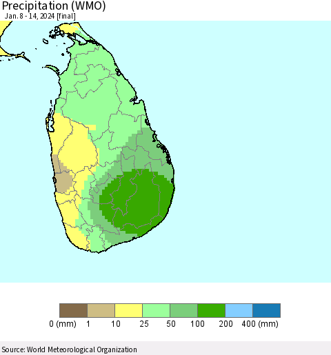 Sri Lanka Precipitation (WMO) Thematic Map For 1/8/2024 - 1/14/2024