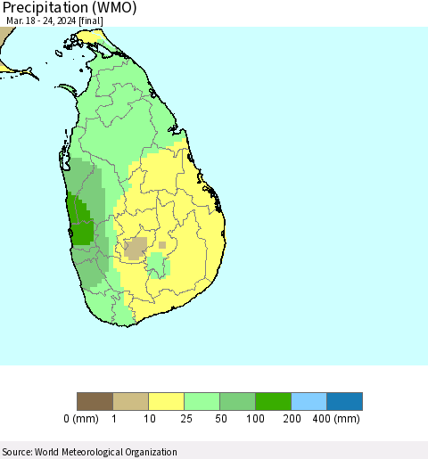 Sri Lanka Precipitation (WMO) Thematic Map For 3/18/2024 - 3/24/2024