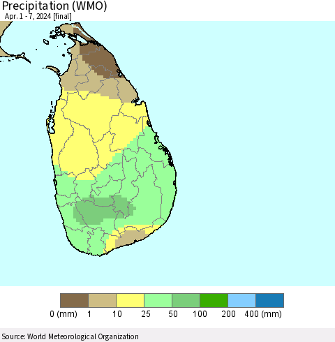 Sri Lanka Precipitation (WMO) Thematic Map For 4/1/2024 - 4/7/2024