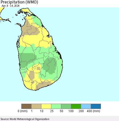 Sri Lanka Precipitation (WMO) Thematic Map For 4/8/2024 - 4/14/2024