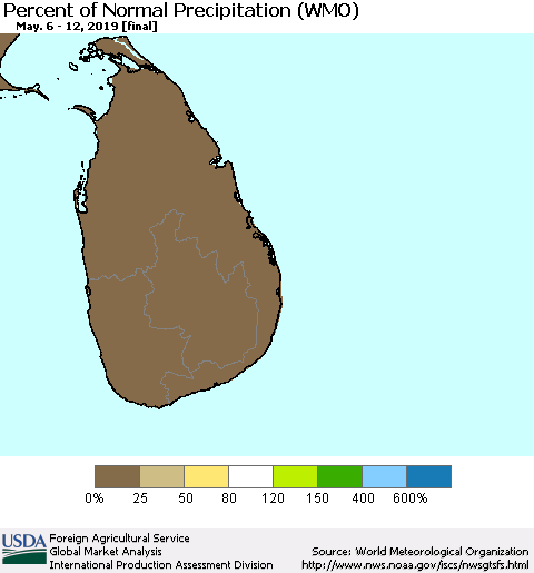 Sri Lanka Percent of Normal Precipitation (WMO) Thematic Map For 5/6/2019 - 5/12/2019