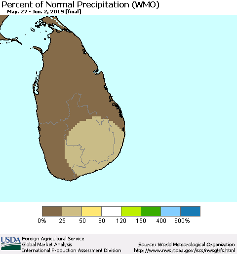 Sri Lanka Percent of Normal Precipitation (WMO) Thematic Map For 5/27/2019 - 6/2/2019