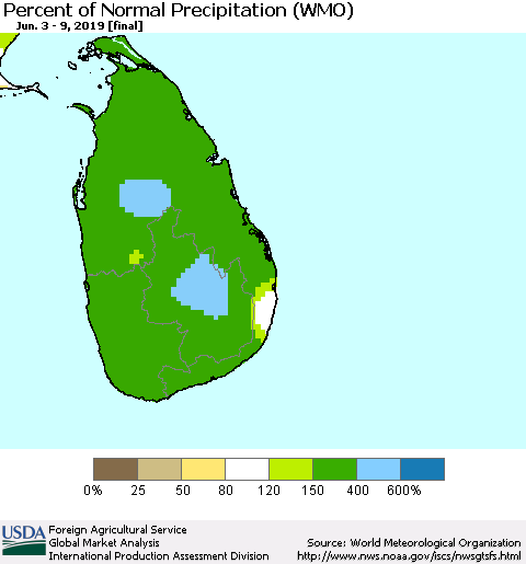 Sri Lanka Percent of Normal Precipitation (WMO) Thematic Map For 6/3/2019 - 6/9/2019
