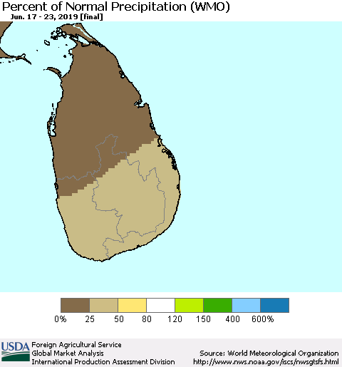 Sri Lanka Percent of Normal Precipitation (WMO) Thematic Map For 6/17/2019 - 6/23/2019