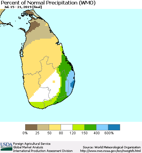 Sri Lanka Percent of Normal Precipitation (WMO) Thematic Map For 7/15/2019 - 7/21/2019