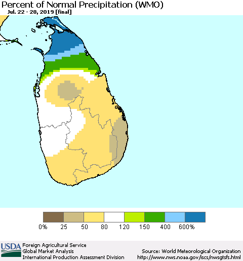 Sri Lanka Percent of Normal Precipitation (WMO) Thematic Map For 7/22/2019 - 7/28/2019