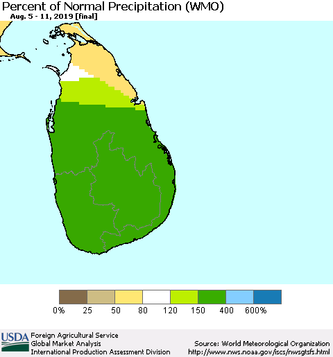 Sri Lanka Percent of Normal Precipitation (WMO) Thematic Map For 8/5/2019 - 8/11/2019