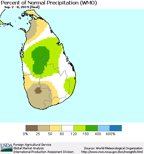 Sri Lanka Percent of Normal Precipitation (WMO) Thematic Map For 9/2/2019 - 9/8/2019