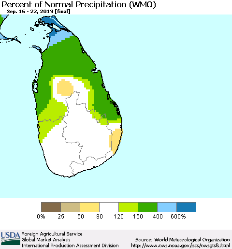 Sri Lanka Percent of Normal Precipitation (WMO) Thematic Map For 9/16/2019 - 9/22/2019