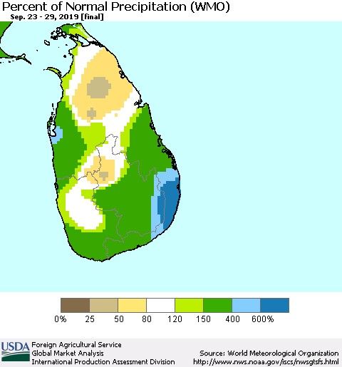 Sri Lanka Percent of Normal Precipitation (WMO) Thematic Map For 9/23/2019 - 9/29/2019