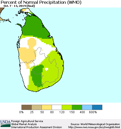 Sri Lanka Percent of Normal Precipitation (WMO) Thematic Map For 10/7/2019 - 10/13/2019