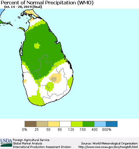 Sri Lanka Percent of Normal Precipitation (WMO) Thematic Map For 10/14/2019 - 10/20/2019