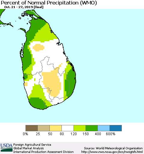 Sri Lanka Percent of Normal Precipitation (WMO) Thematic Map For 10/21/2019 - 10/27/2019