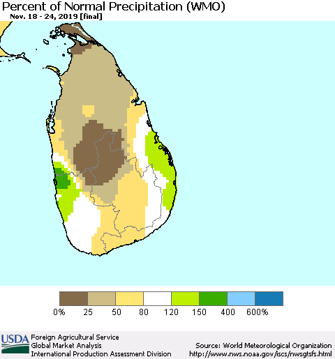 Sri Lanka Percent of Normal Precipitation (WMO) Thematic Map For 11/18/2019 - 11/24/2019