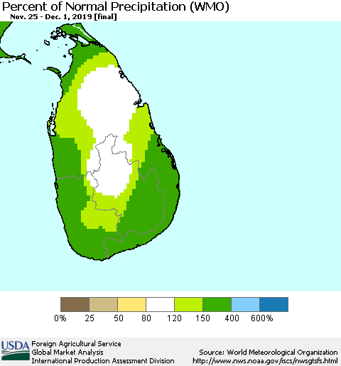 Sri Lanka Percent of Normal Precipitation (WMO) Thematic Map For 11/25/2019 - 12/1/2019