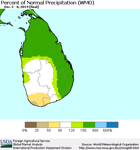 Sri Lanka Percent of Normal Precipitation (WMO) Thematic Map For 12/2/2019 - 12/8/2019